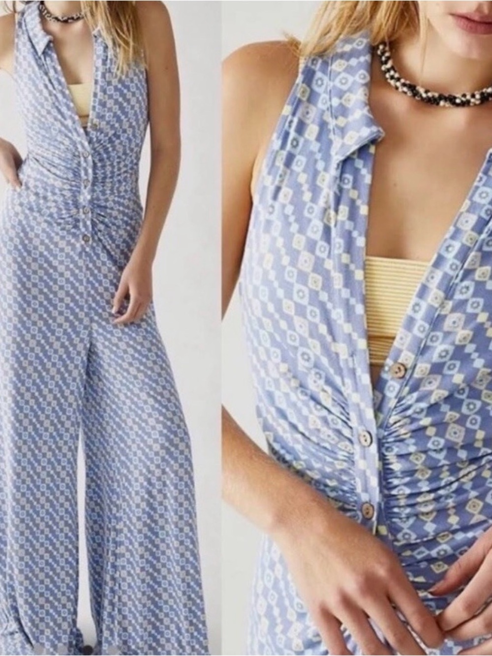 Free People Shayla Blue Geometric Halter Wide Leg Jumpsuit M NWOT